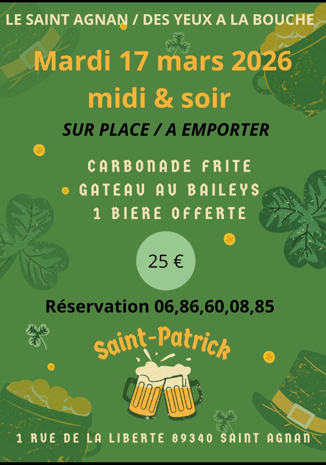 SAINT PATRICK AU SAINT-AGNAN LE 17 MARS MIDI ET SOIR